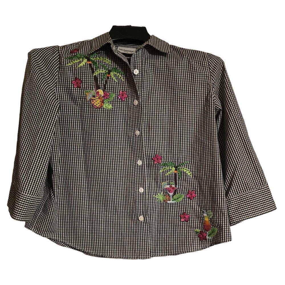 Breckenridge Petite Large Button Up Shirt Top Embroidered Palm Trees Pineapple